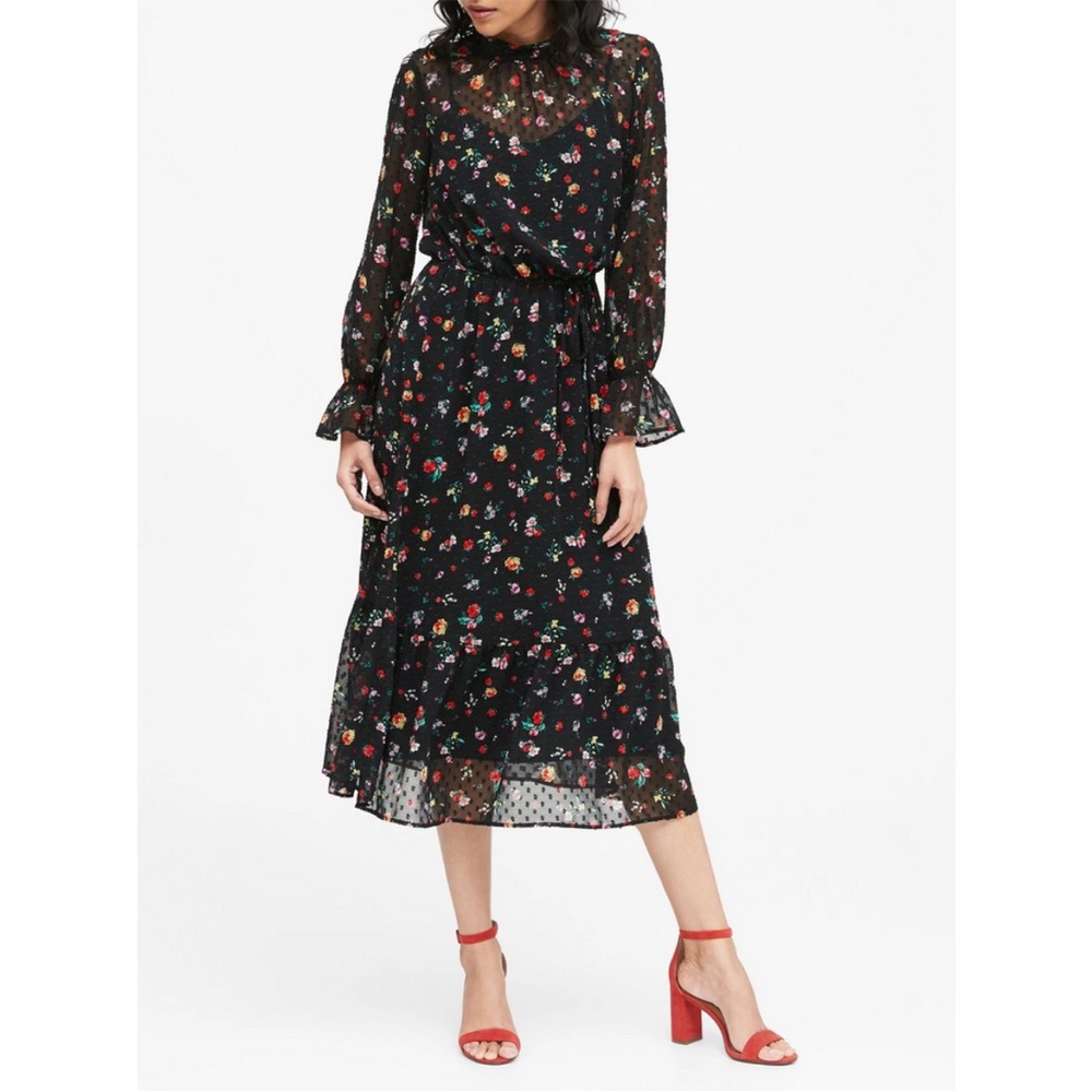 Banana republic Floral Black Multi Midi Dress